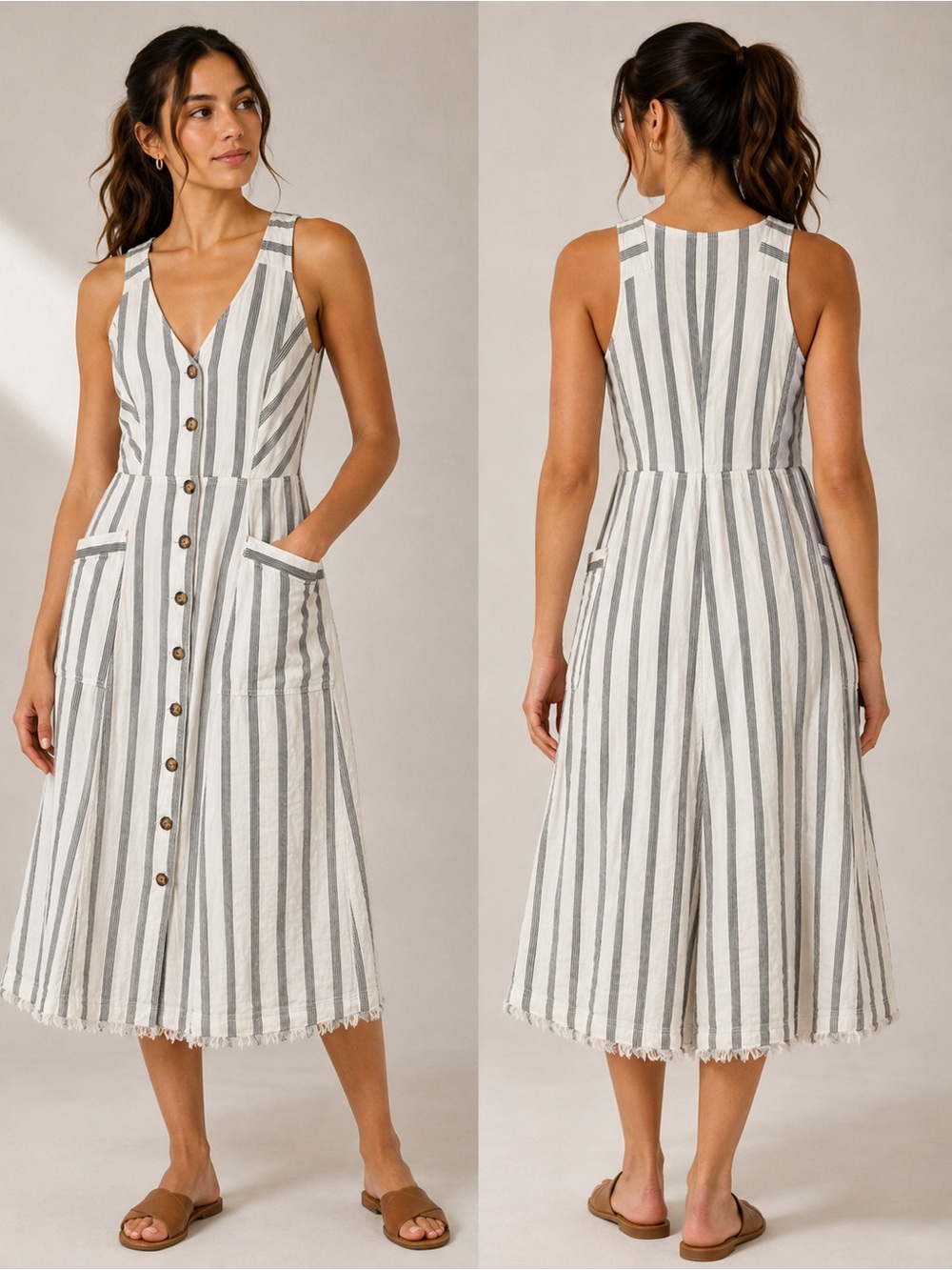 Maeve by Anthropologie Striped Button Front Midi Dress Ivory Gray Pockets Size 2
